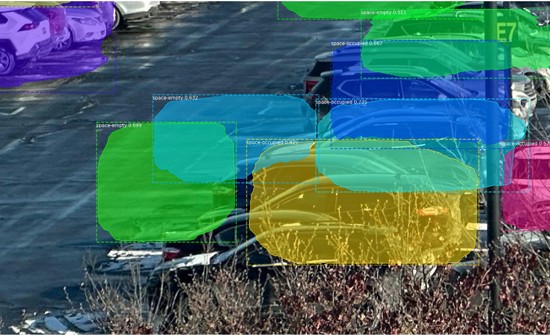 Parking lot with per-space occupancy — colored instance masks, space-empty / space-occupied labels