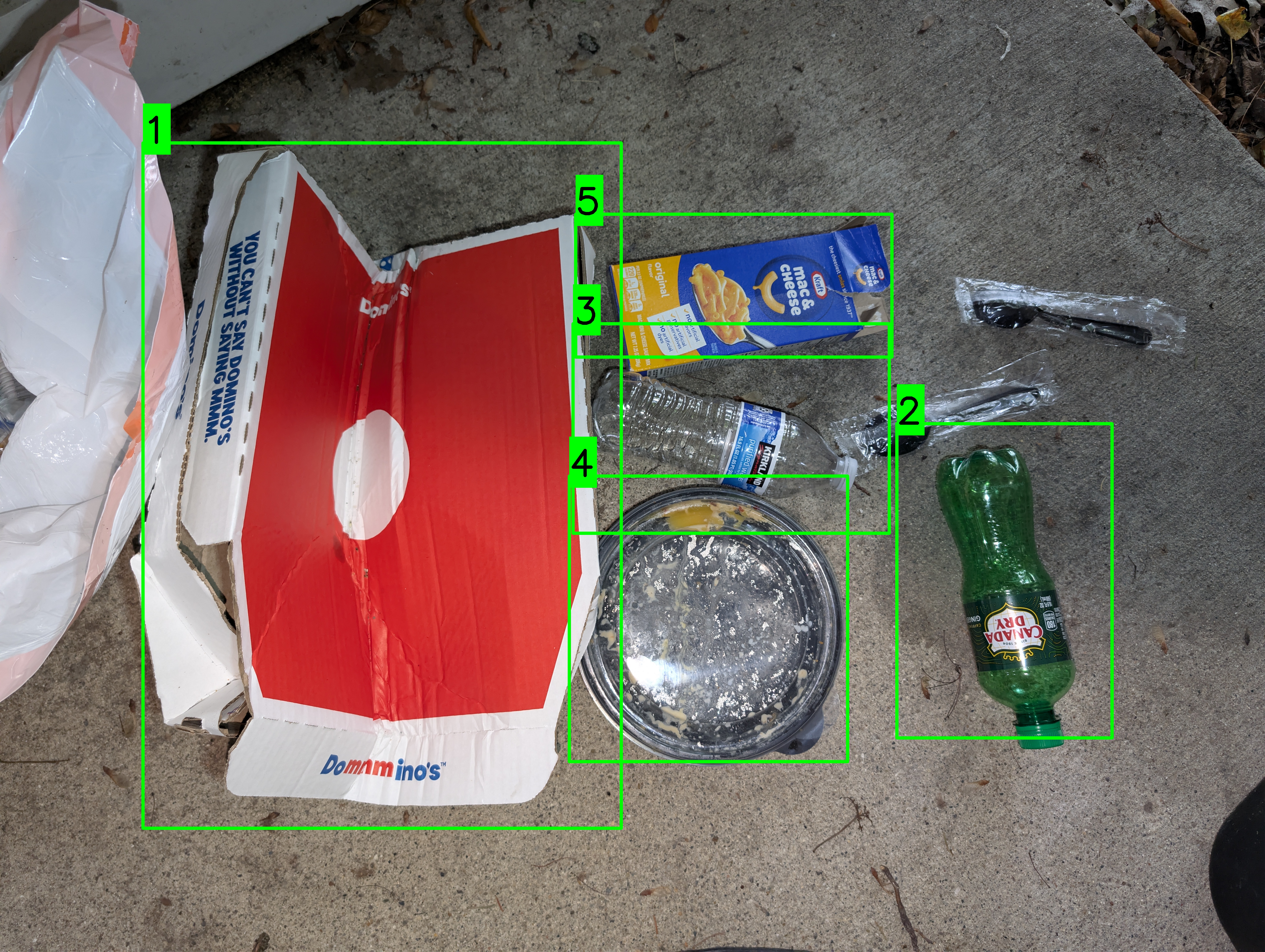 Material detections — paper and plastic objects with numbered bounding boxes
