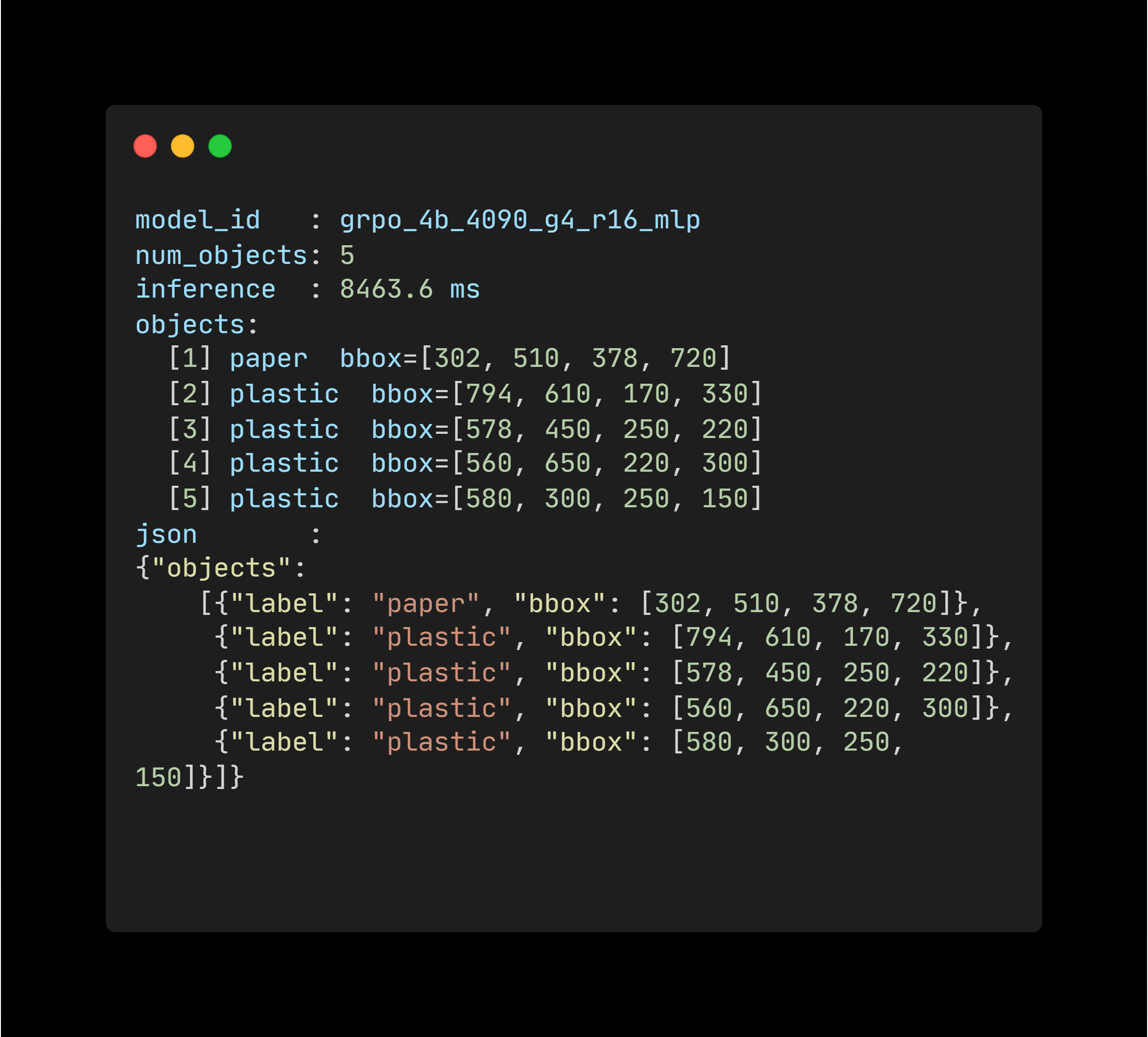 Terminal output showing structured JSONL detections